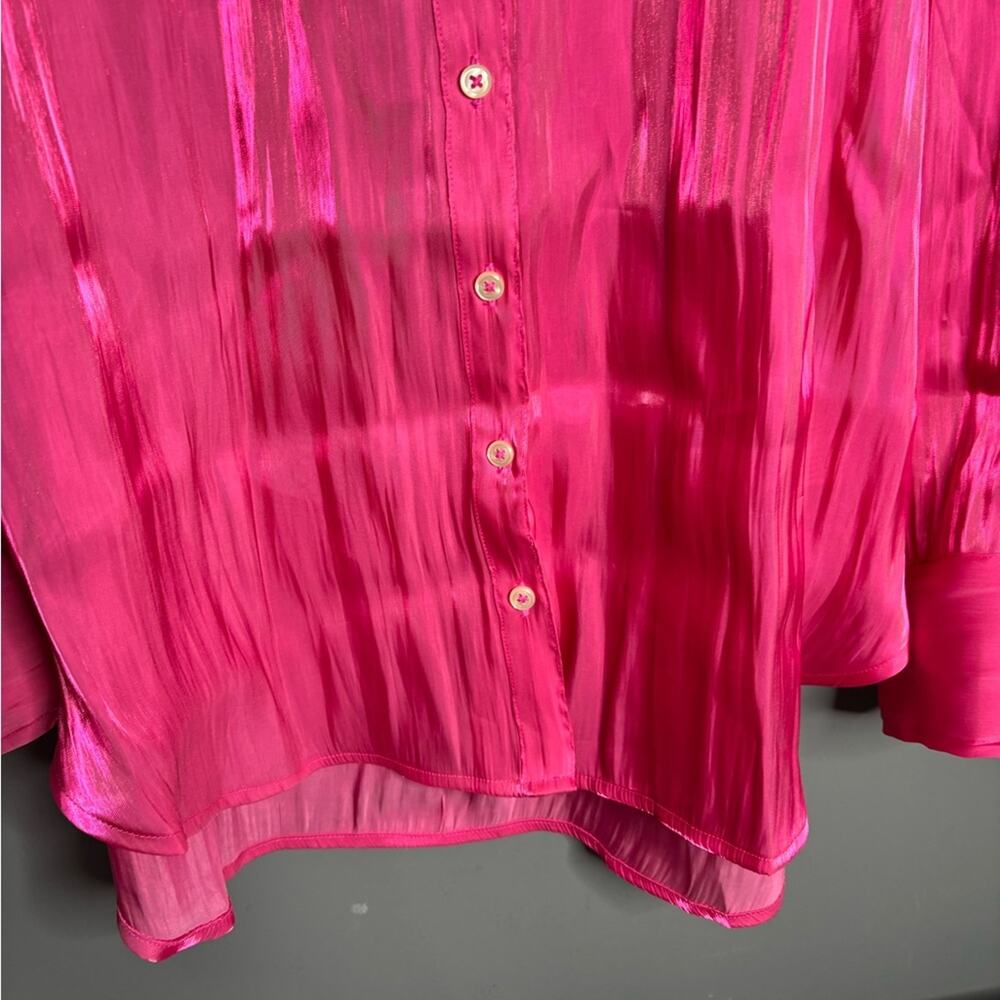 Anthropologie Bright Pink Shimmery Long Sleeve Button Front Blouse Medium - Picture 3 of 7